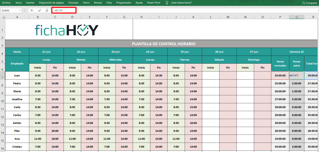 Plantilla Control de Horarios y Horas Trabajadas