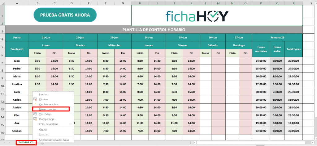 Control horario para contar horas laborales y horas extras.