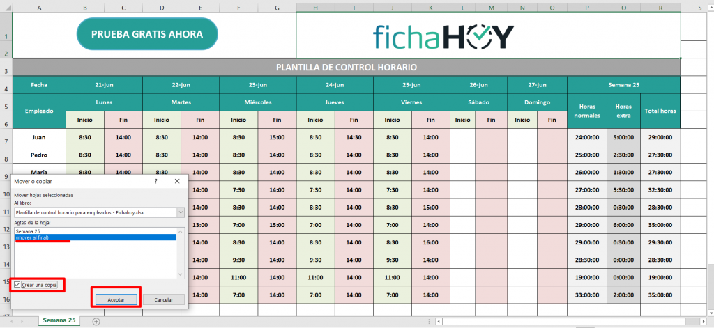 Hoja de control horario en Excel