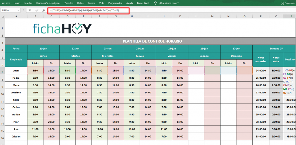 Hoja de control horario en Excel