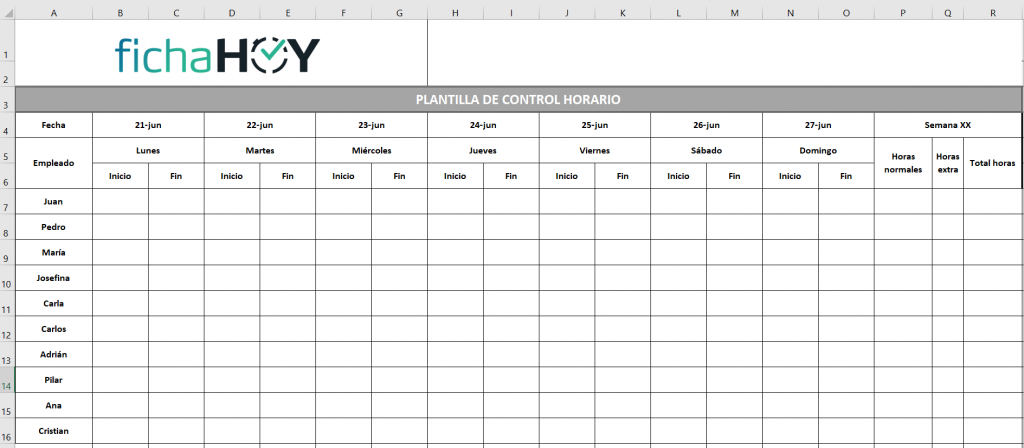 Plantilla Excel para el control horario de los empleados